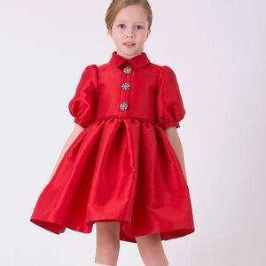 Elegant Red Satin Dress with Floral Buttons